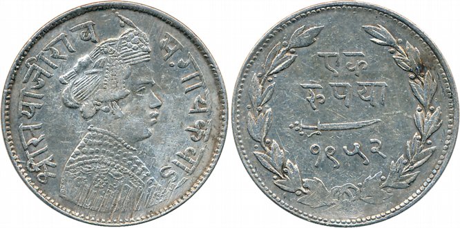 Sayaji Rao III, Silver Rupee, VS 1952, Obv: Crown bust to right, Rev: Scimitar, date withi