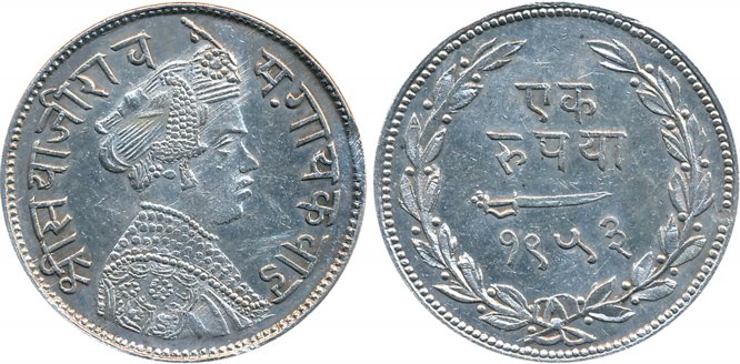 Sayaji Rao III, Silver Rupee, VS 1953, Obv: Crown bust to right, Rev: Scimitar, date withi