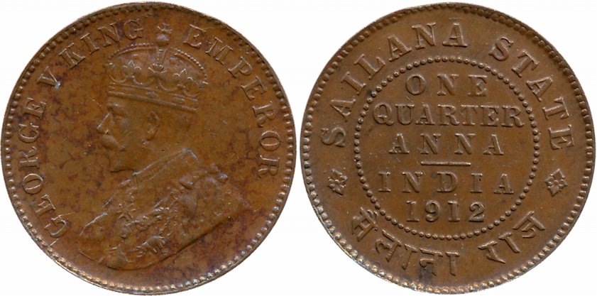 Jaswant Singh, Copper 1/4 Anna, 1912, with the name of George V (KM# 16). About extremely 