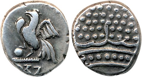 Silver Fanon, 1.46g, (18)37, Obv: Large Pearled crowned, Rev: Rooster (KM# 54). Very fine,