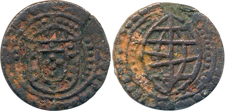 Goa, Copper 1/2 Dinheiro, 2.01g, Obv: Arms within dotted circle, Rev: Glob within dotted c