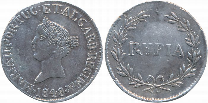 Goa, D. Maria II, Silver Rupia, 1848, Obv: Bust to left, date below, Rev: Value within spr
