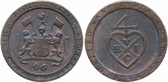 Copper 1/96 Rupee, 6.76g, Soho Mint, Obv: E.I.Co. arms, Rev: Bale mark. Very fine.