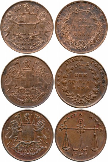Copper 1/4 Anna (3), 1833, 1835, 1858. Very fine+ to about extremely fine. 3 coins.