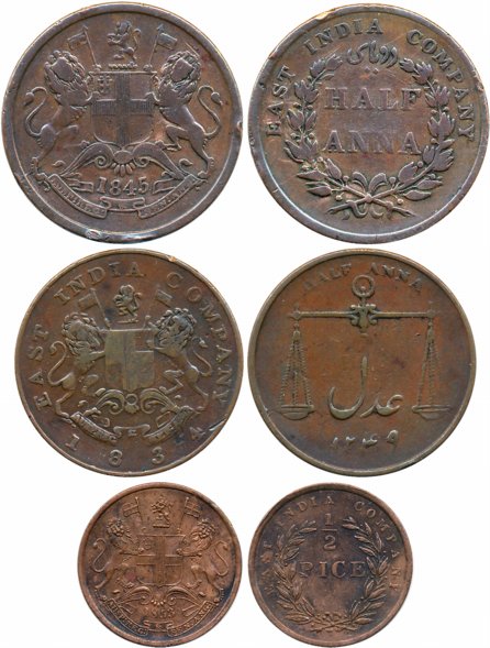 Copper (3), 1/2 Anna, 1834, 1845 & 1/2 Pice, 1853. Very fine to very fine+. 3 coins.