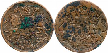 Copper 1/4 Anna, 6.39g, Lakhi- Brockage of obverse, 1835. Very fine.