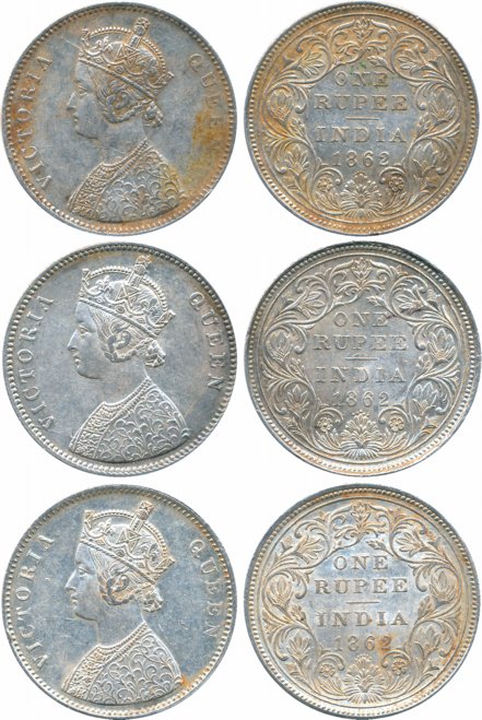 Victoria Queen, Silver Rupees (3), 1862, Bombay Mint, A/II/0/5, A/II/0/6 & A/II/0/7. Very 