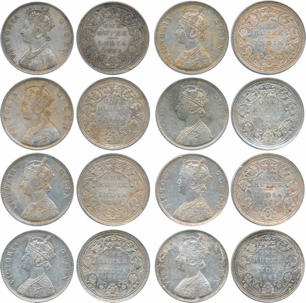 Victoria Queen, Silver Rupees (8), 1862, B/II/0/0, B/II/1/0, B/II/2/0, B/II/0/3, A/II/0/4,