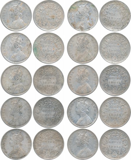 Victoria Queen, Silver Rupees (10), 1862, various dot varieties. Very fine to very fine+. 
