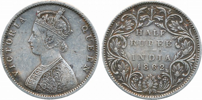 Victoria Queen, Silver 1/2 Rupee, 1862, B2/II. Very fine.