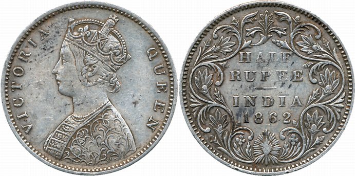 Victoria Queen, Silver 1/2 Rupee, 1862, Calcutta Mint, Wyon's design/II. Very fine.