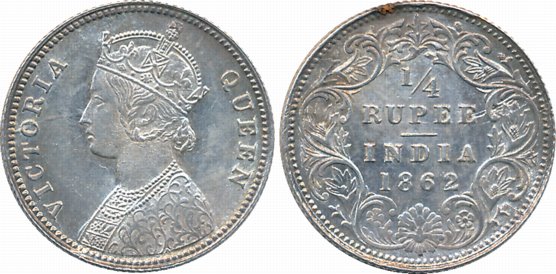 Victoria Queen, Silver 1/4 Rupee, 1862. About extremely fine.