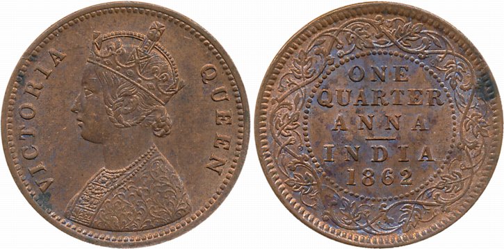 Victoria Queen, Copper, 1/4 Anna, 1862, Calcutta Mint (Prid# 601). Almost uncirculated.