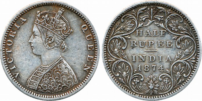 Victoria Empress, Silver 1/2 Rupee, 1874, B2/II/dot. Very fine+, scarce.