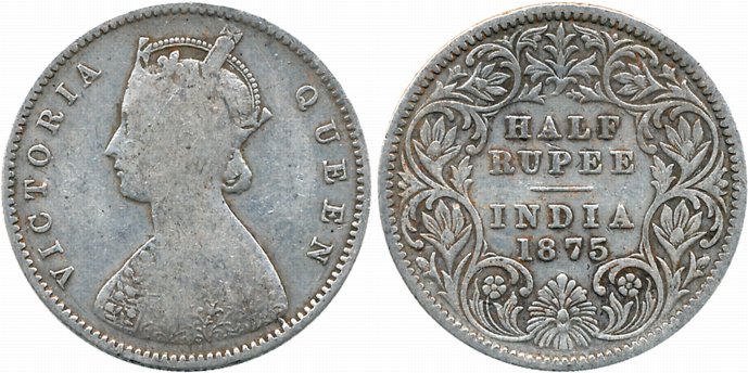 Victoria Empress, Silver 1/2 Rupee, 1875, Calcutta Mint, no mint mark, A/I. Very fine.