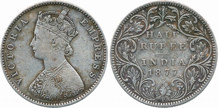 Victoria Empress, Silver 1/2 Rupee, 1877, A/II/dot. Very fine, very rare.