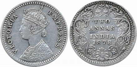 Victoria Empress, Silver 2 Annas, 1878. Cleaned, very fine.