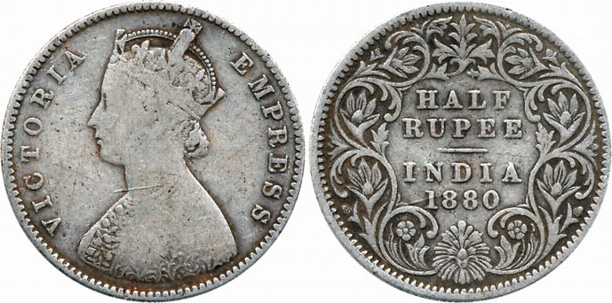 Victoria Empress, Silver 1/2 Rupee, 1880, C incused, A/I. Fine+, extremely rare.