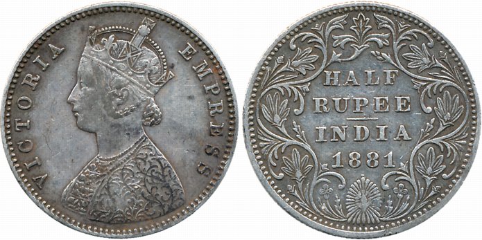 Victoria Empress, Silver 1/2 Rupee, 1881, A/II/dot. Very fine, very rare.