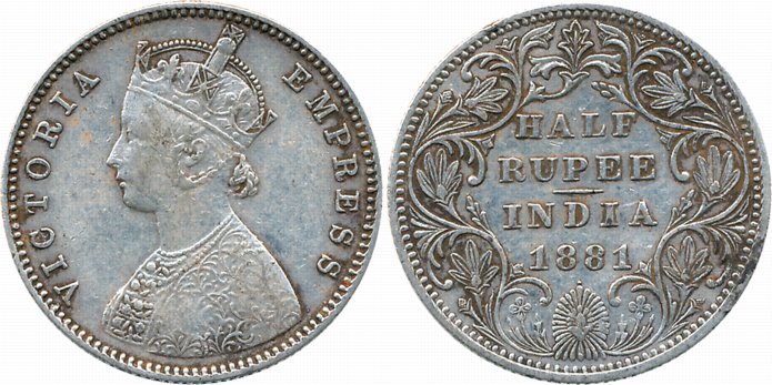 Victoria Empress, Silver 1/2 Rupee, 1881, A/II/dot. Very fine, very rare.