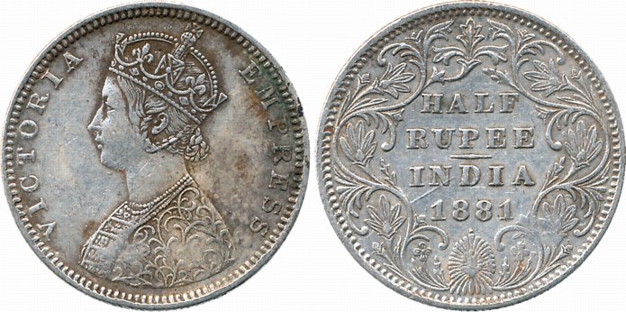 Victoria Empress, Silver 1/2 Rupee, 1881, B/II/dot. Very fine, rare.