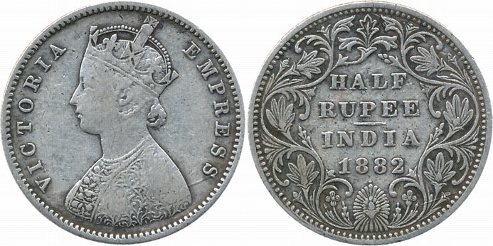 Victoria Empress, Silver 1/2 Rupee, 1882, A/II/dot. Very fine, rare.
