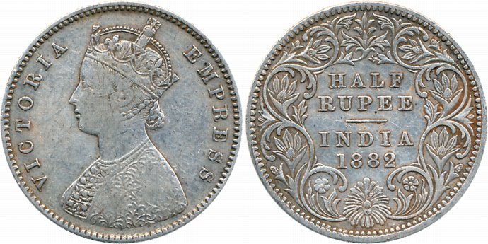 Victoria Empress, Silver 1/2 Rupee, 1882, C incused, A/I. Very fine, scarce.
