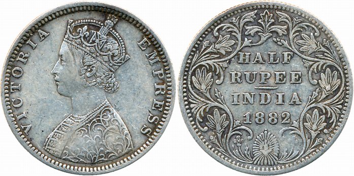 Victoria Empress, Silver 1/2 Rupee, 1882, Bombay Mint, B/II/dot. Very fine.