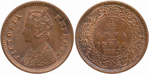 Victoria Empress, Copper, 1/12 Anna, 1883. About extremely fine.