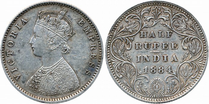 Victoria Empress, Silver 1/2 Rupee, 1884, A/II/dot. Very fine.