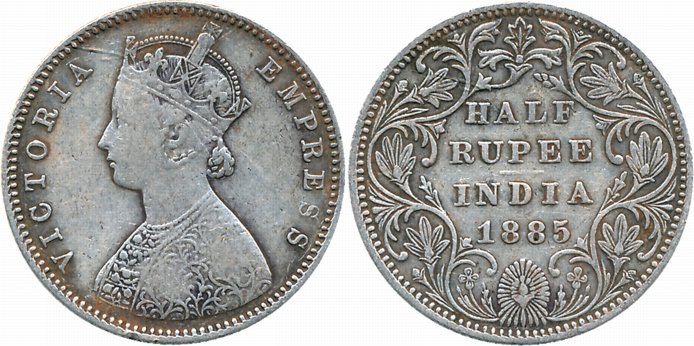 Victoria Empress, Silver 1/2 Rupee, 1885, B raised, A/II. Very fine, scarce.