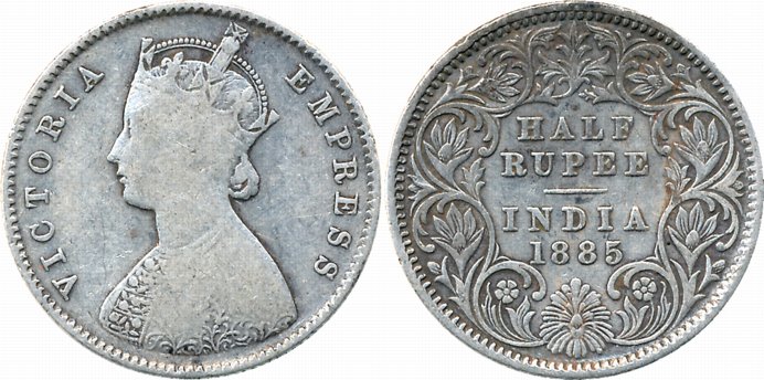 Victoria Empress, Silver 1/2 Rupee, 1885, C incused, A/I. Very fine.