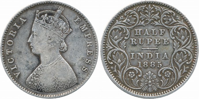 Victoria Empress, Silver 1/2 Rupee, 1885, C incused, A/I. Very fine.