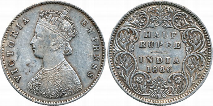 Victoria Empress, Silver 1/2 Rupee, 1886, C incused, A/I. Very fine.