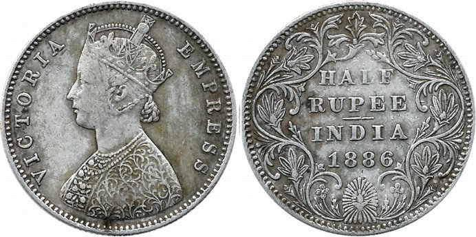 Victoria Empress, Silver 1/2 Rupee, 1886, B raised, A/II. Very fine.