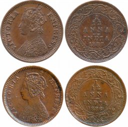 Victoria Empress, Copper, 1/12 Anna (2), 1886, 1887. Very fine+. 2 coins.
