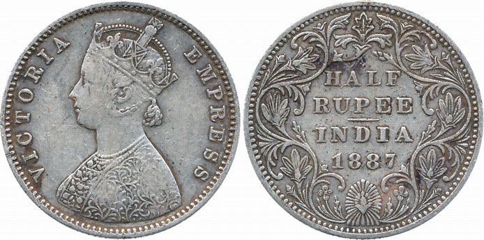 Victoria Empress, Silver 1/2 Rupee, 1887, B raised, A/II. Very fine.