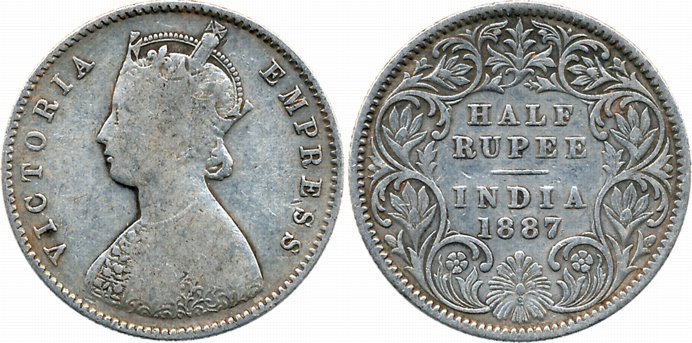 Victoria Empress, Silver 1/2 Rupee, 1887, C incused, A/I. Fine+.
