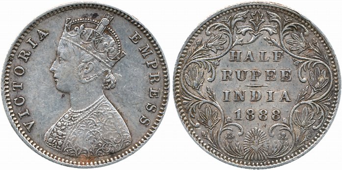 Victoria Empress, Silver 1/2 Rupee, 1888, B raised, A/II. Very fine.