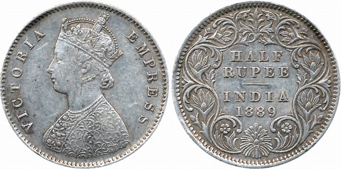 Victoria Empress, Silver 1/2 Rupee, 1889, C incused, A/I. Very fine+.