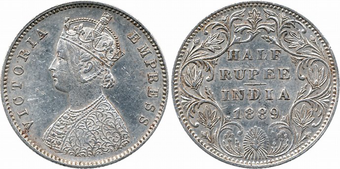 Victoria Empress, Silver 1/2 Rupee, 1889, B raised, A/II. Very fine+.