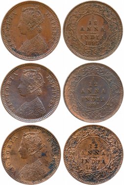 Victoria Empress, Copper, 1/12 Anna (3), 1891, 1997, 1995. Very fine+. 3 coins.