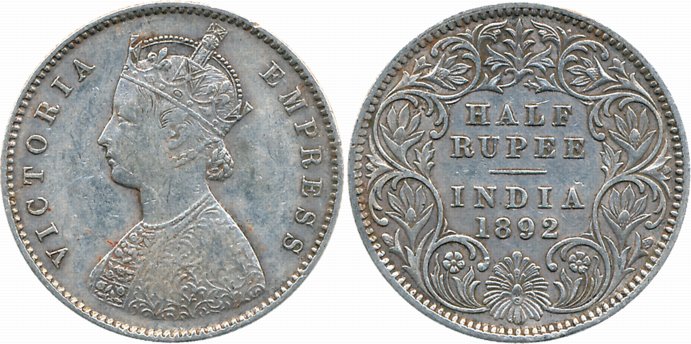Victoria Empress, Silver 1/2 Rupee, 1892, C incused, A/I. Very fine.