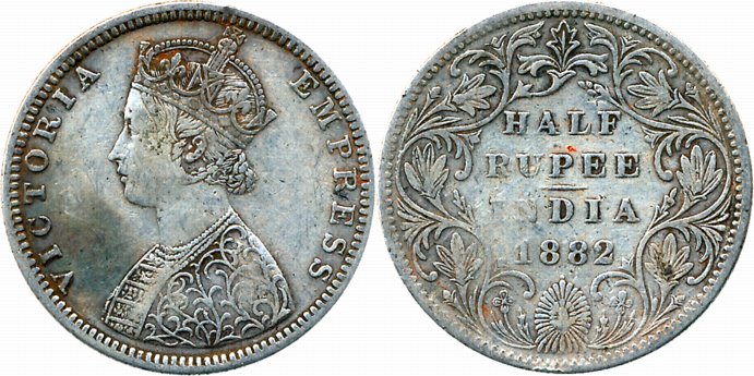 Victoria Empress, Silver 1/2 Rupee, 1882, A/II/dot. Very fine.