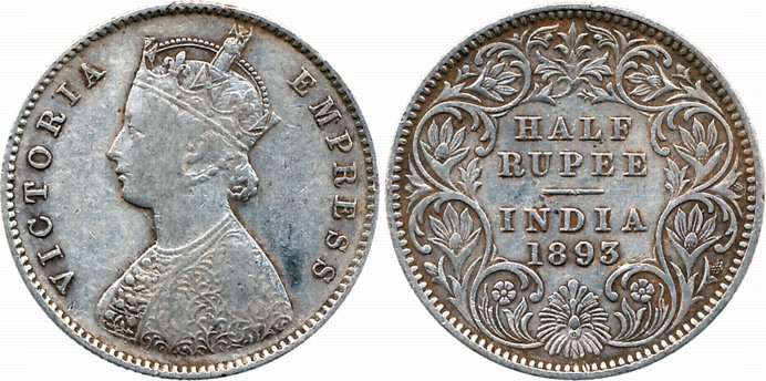 Victoria Empress, Silver 1/2 Rupee, 1893, C incused, A/I. Very fine.
