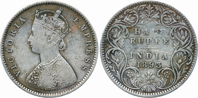 Victoria Empress, Silver 1/2 Rupee, 1893, B incused, A/I. Fine+.