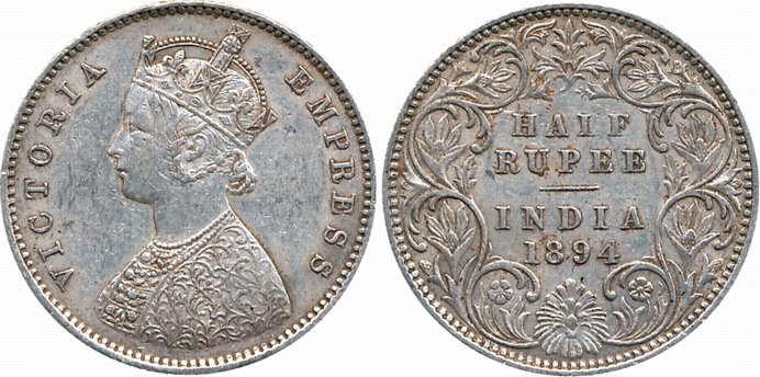Victoria Empress, Silver 1/2 Rupee, 1894, B incused, A/I. Very fine+, scarce.