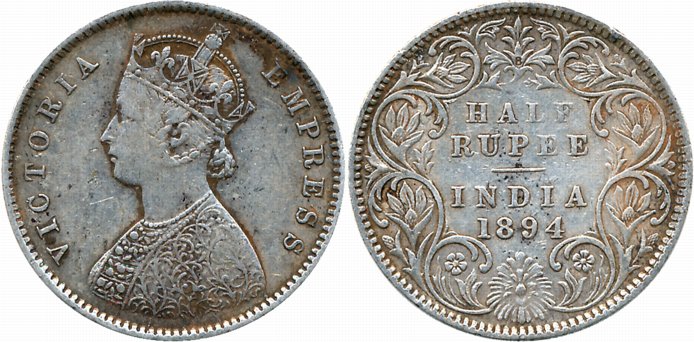 Victoria Empress, Silver 1/2 Rupee, 1894, B incused, A/I. Very fine.