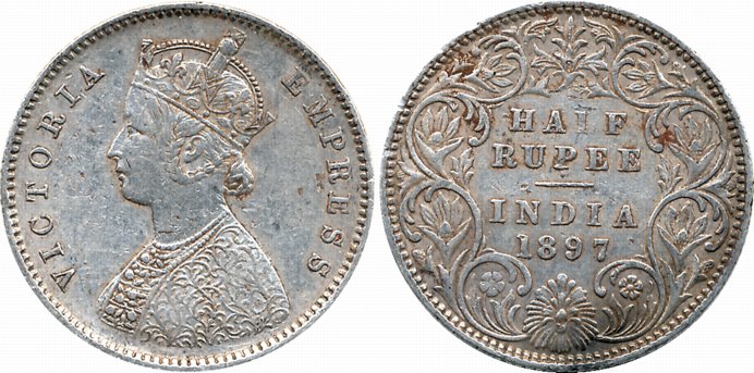 Victoria Empress, Silver 1/2 Rupee, 1897, B incused, A/I. Very fine.