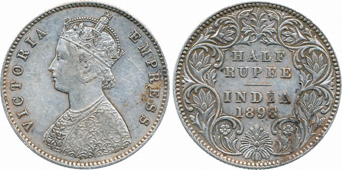 Victoria Empress, Silver 1/2 Rupee, 1898, C incused, A/I. Very fine.